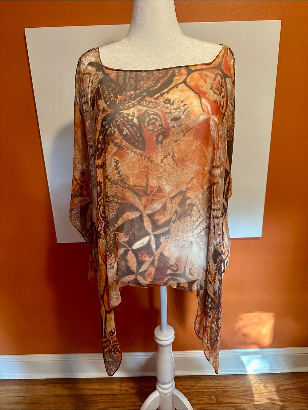 Coldwater Creek 100% Silk Sheer Poncho Top XL Abstract Earthy Print Kaftan